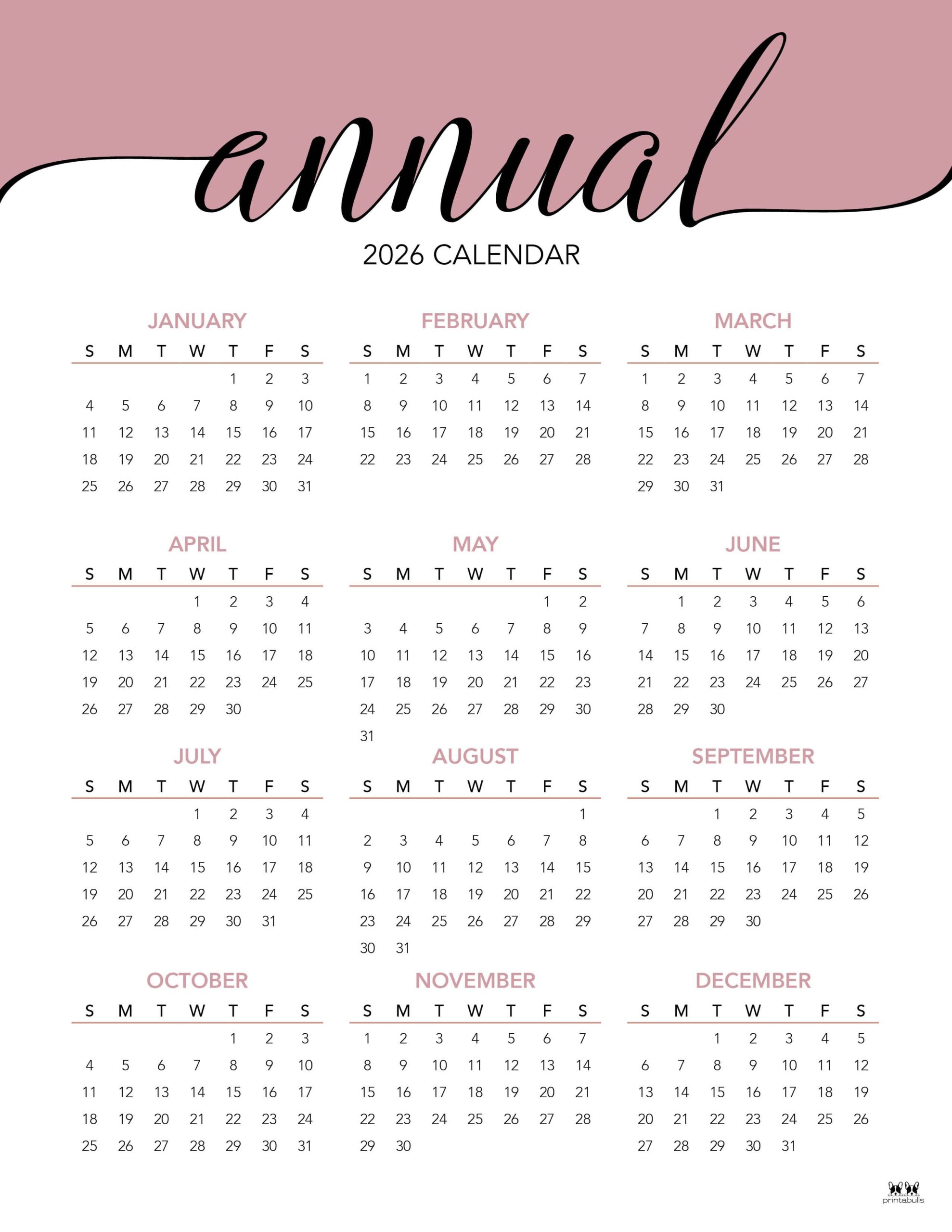 2026 Yearly Calendars - 29 Free Printables | Printabulls