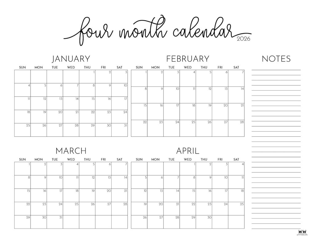 2026 Four Month Calendars - 31 FREE Printables | Printabulls