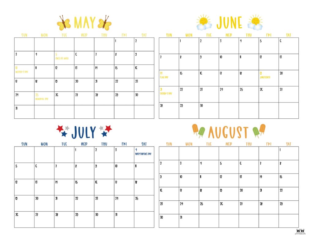 2026 Four Month Calendars - 31 FREE Printables | Printabulls