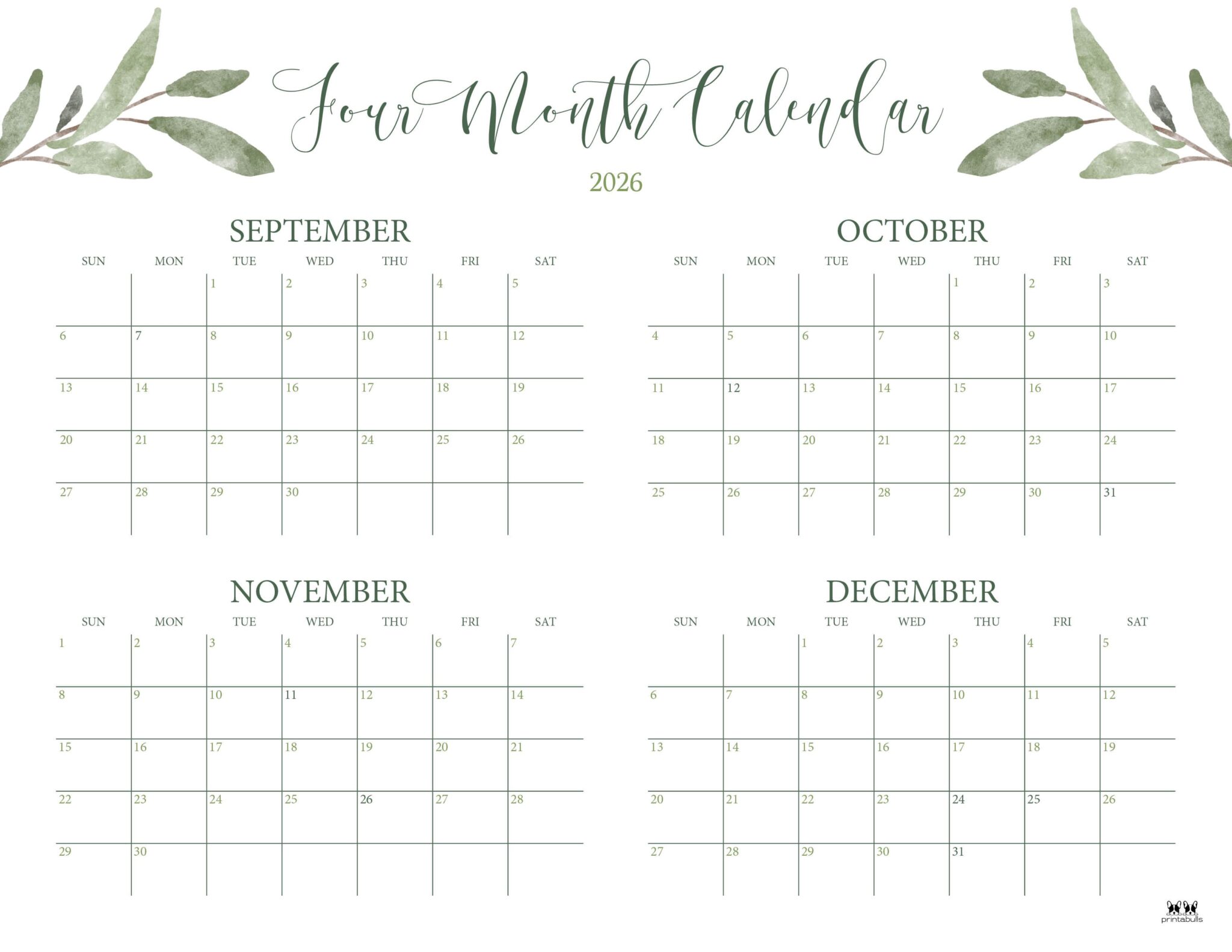 2026 Four Month Calendars - 31 FREE Printables | Printabulls