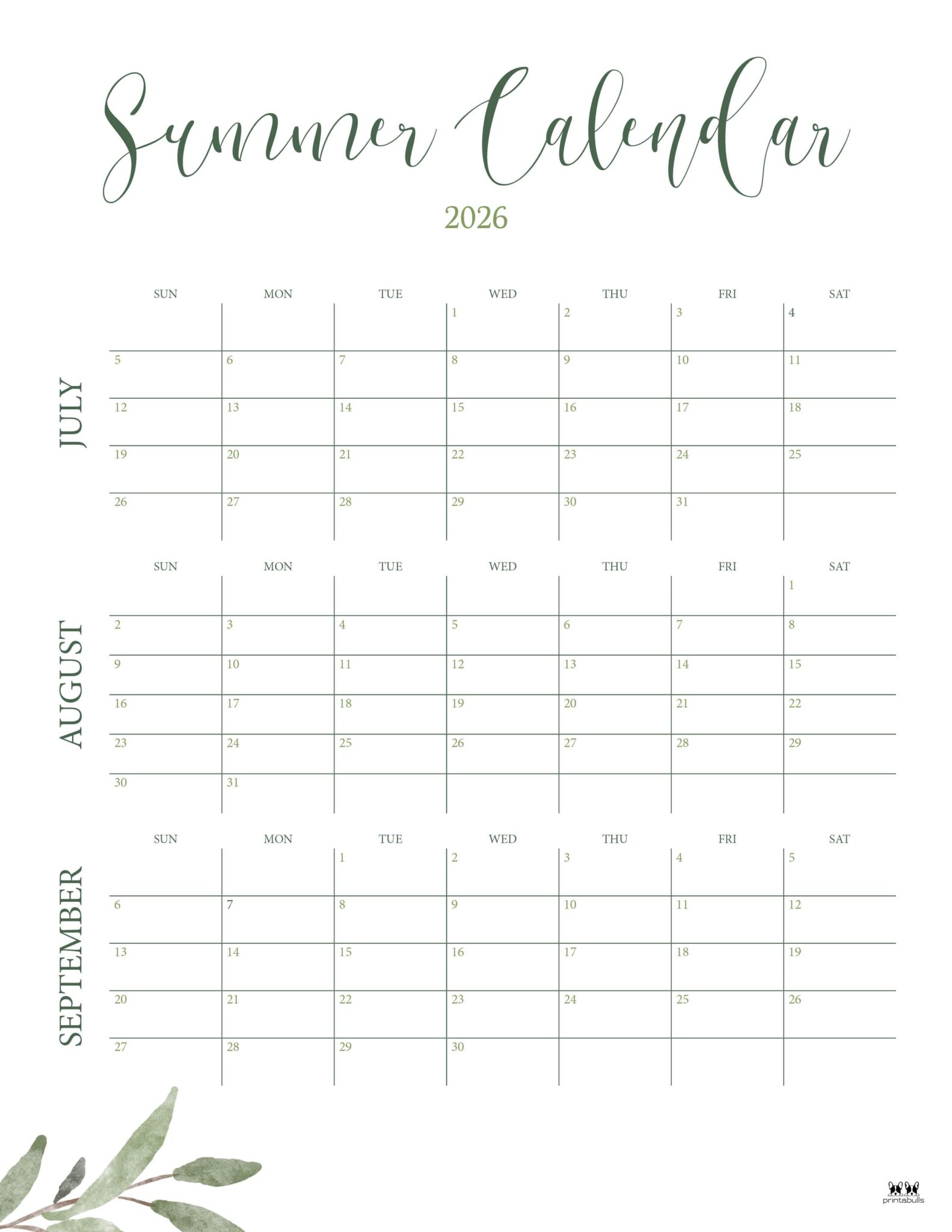 2026 Summer Calendars - 31 FREE Printables | Printabulls