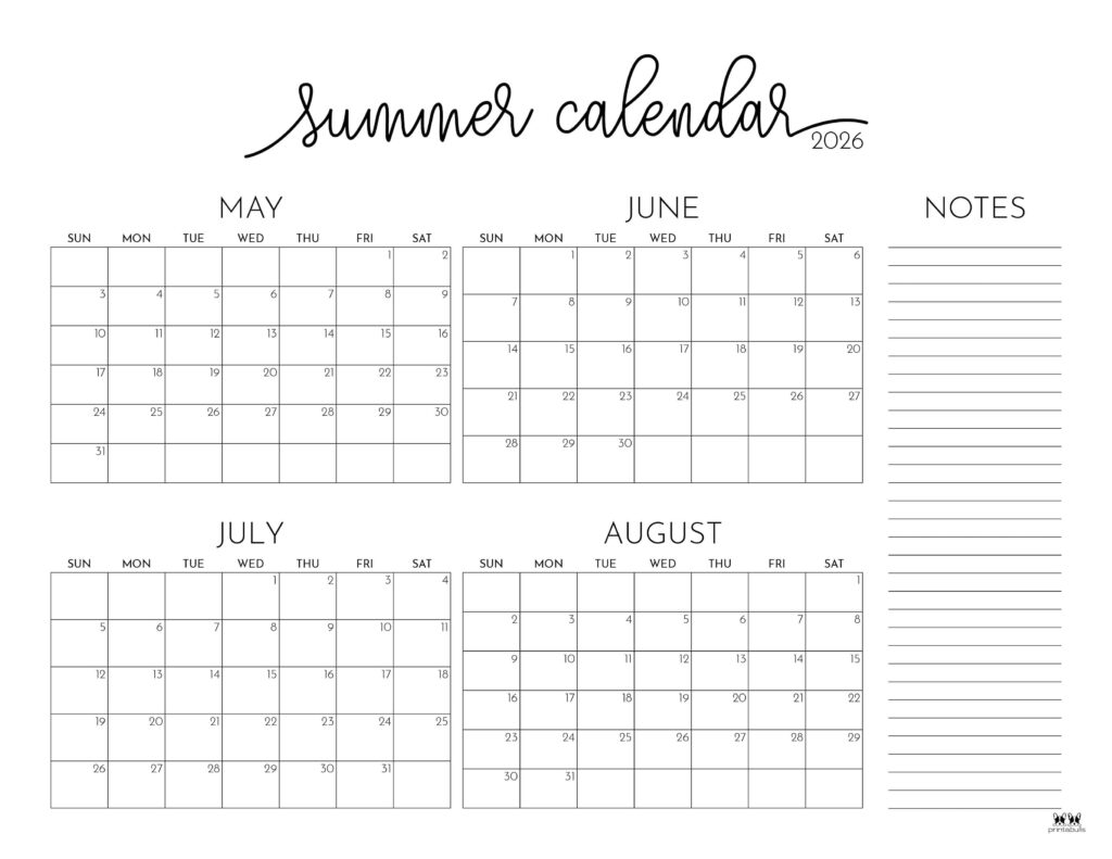 2026 Summer Calendars - 31 FREE Printables | Printabulls