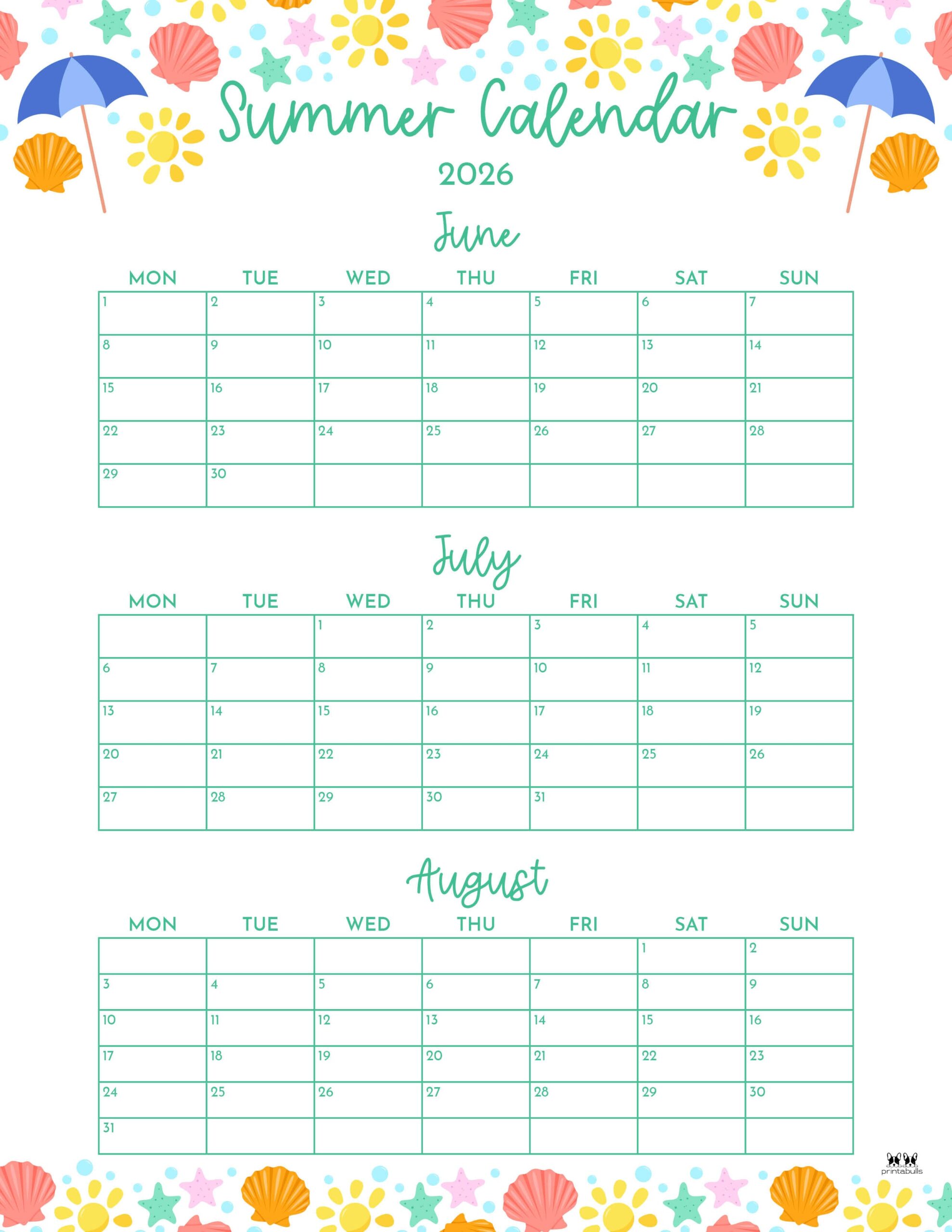 2026 Summer Calendars - 43 FREE Printables | Printabulls