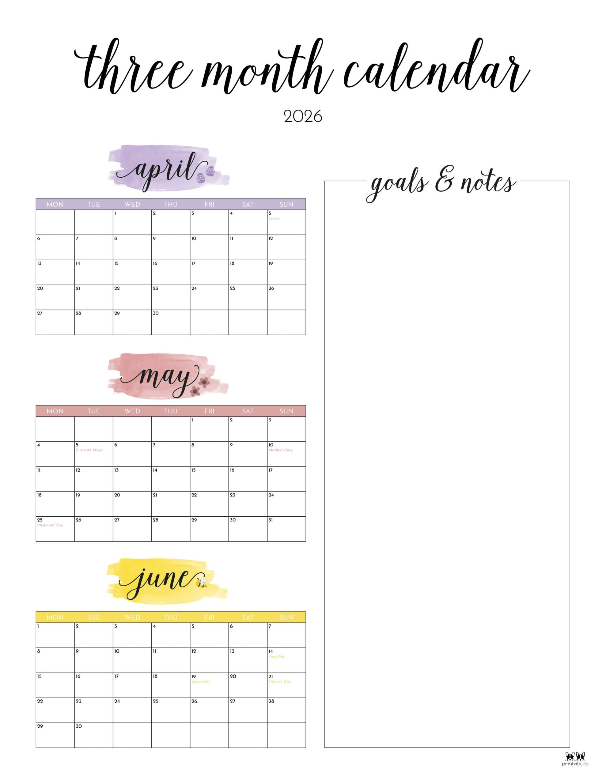 2026 Three Month/Quarterly Calendars - 36 FREE Cals | Printabulls