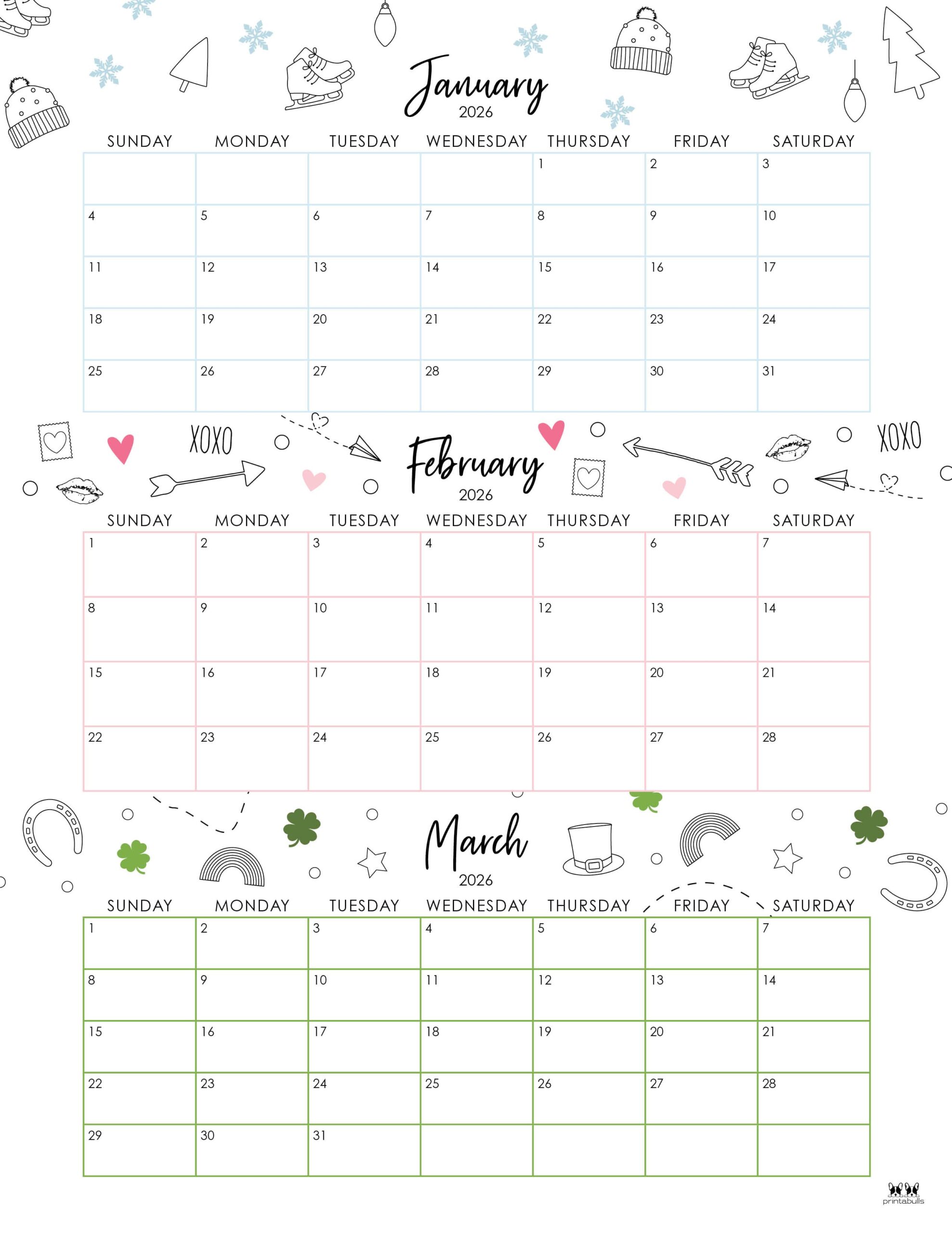 2026 Three Month/Quarterly Calendars - 36 FREE Cals | Printabulls