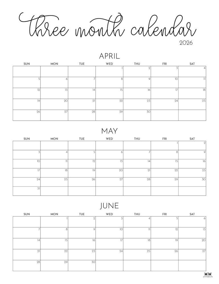 2026 Three Month/Quarterly Calendars - 36 FREE Cals | Printabulls