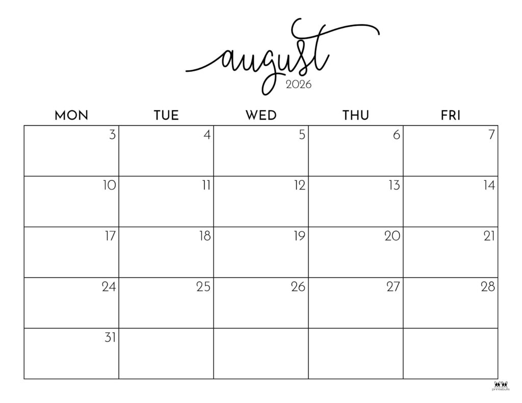 August 2026 Calendars - 150 FREE Printables | Printabulls