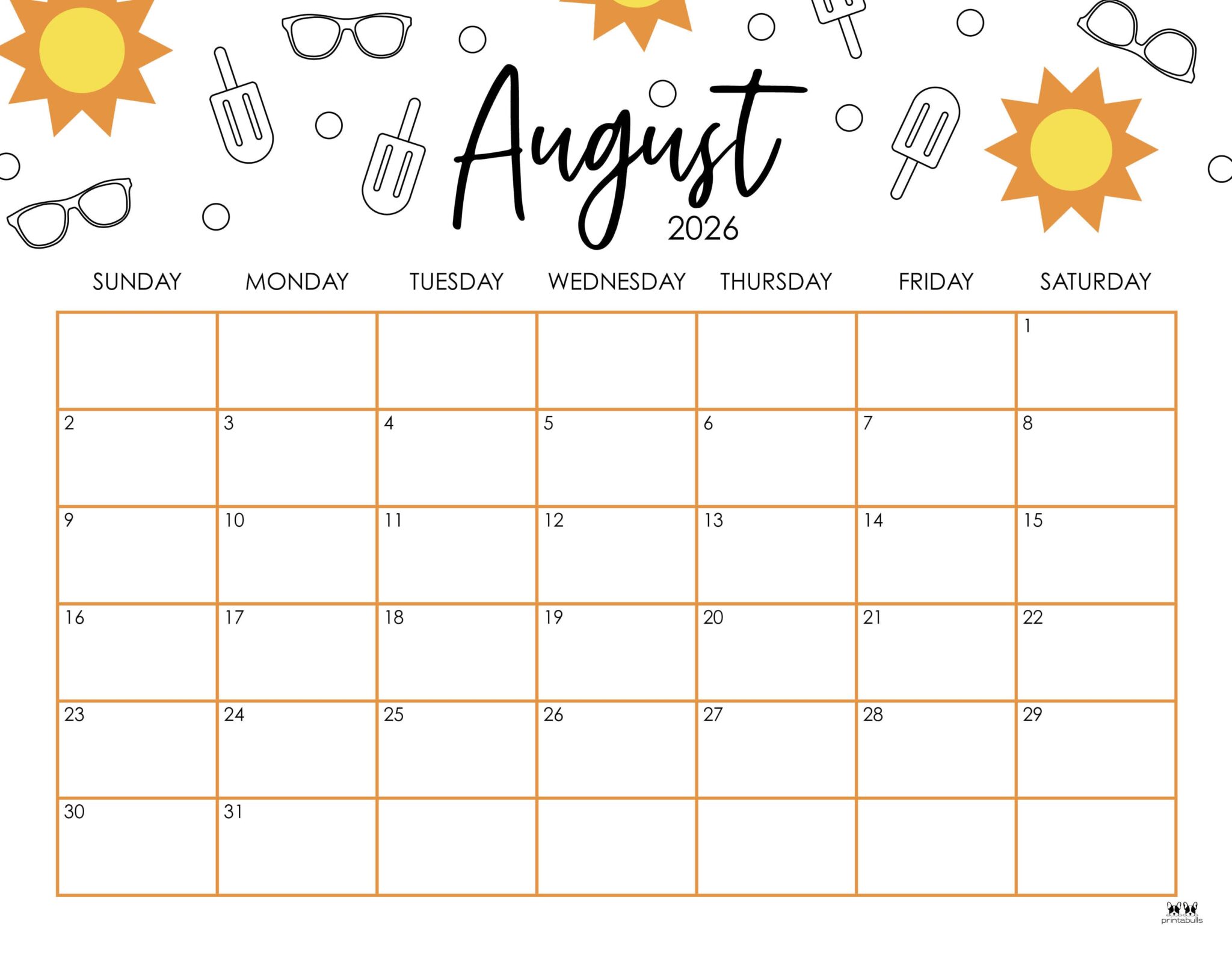 August 2026 Calendars 150 Free Printables Printabulls 