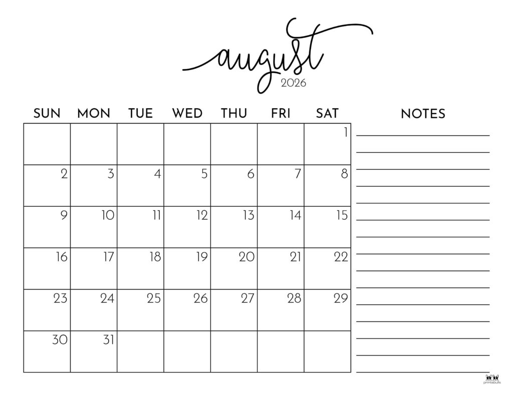 August 2026 Calendars - 150 FREE Printables | Printabulls