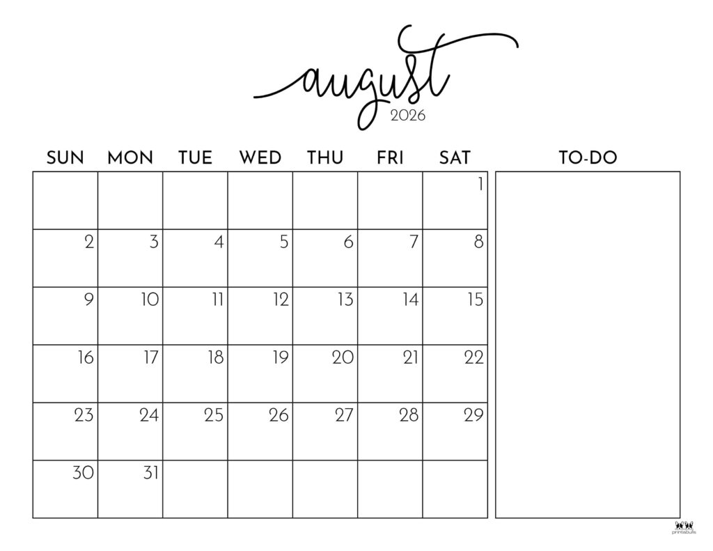 August 2026 Calendars - 150 FREE Printables | Printabulls