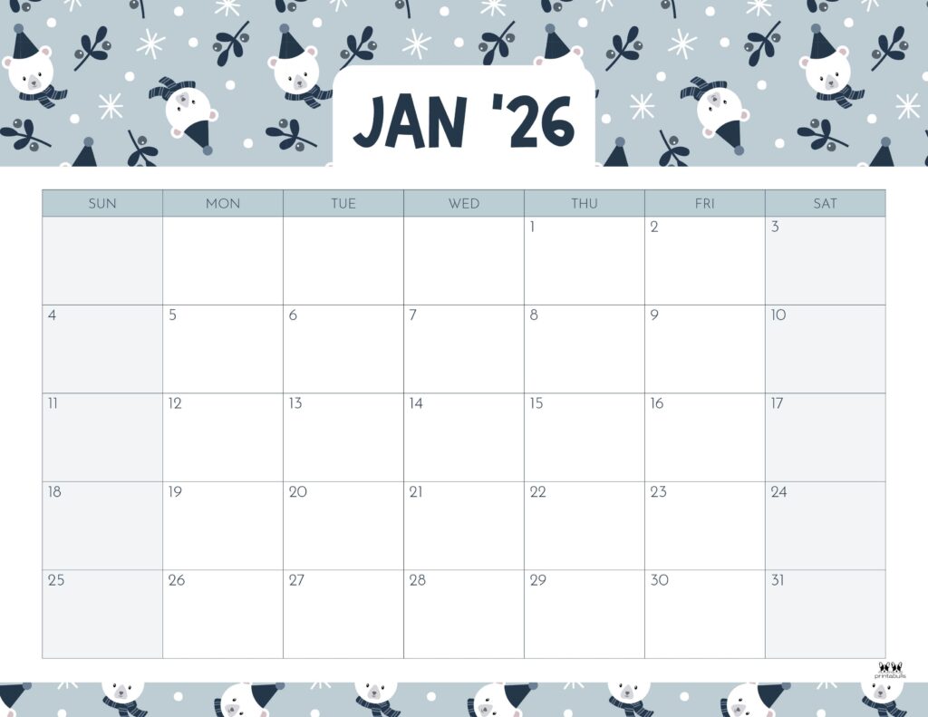 January 2026 Calendars - 123 FREE Printables 182 Printable-January-2026-Calendar-Style-66