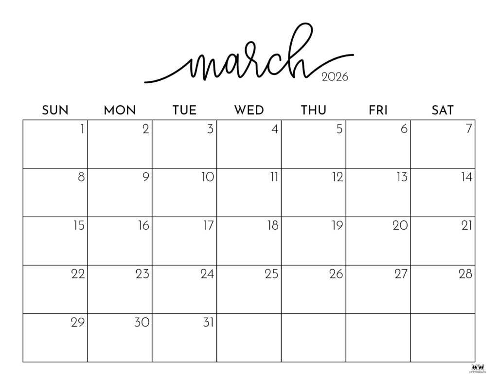 March 2026 Calendars - 123 FREE Printables 125 Printable-March-2026-Calendar-Style-1