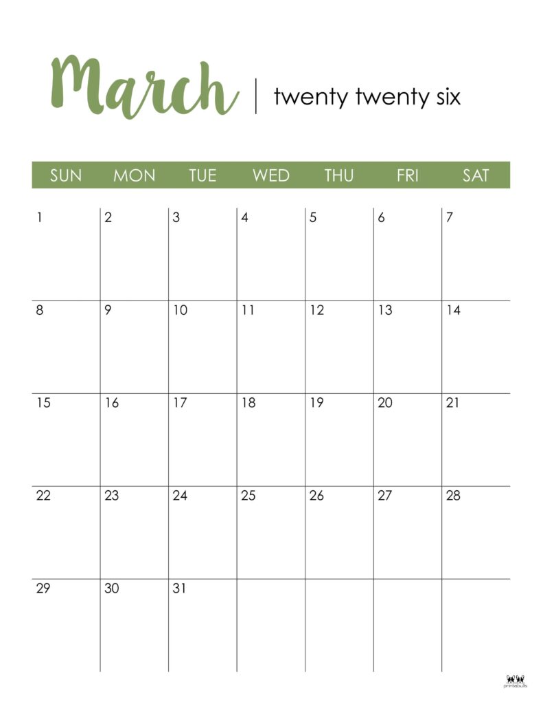 March 2026 Calendars - 123 FREE Printables 136 Printable-March-2026-Calendar-Style-20