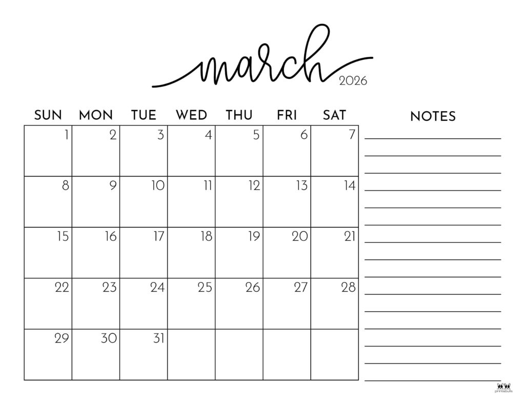 March 2026 Calendars - 123 FREE Printables 165 Printable-March-2026-Calendar-Style-88