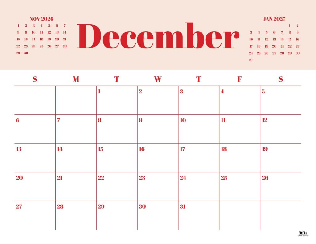 December 2026 Calendars - 123 FREE Printables 181 Printable-December-2026-Calendar-Style-35