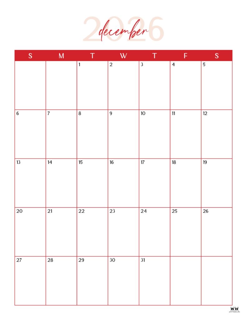 December 2026 Calendars - 123 FREE Printables 222 Printable-December-2026-Calendar-Style-39