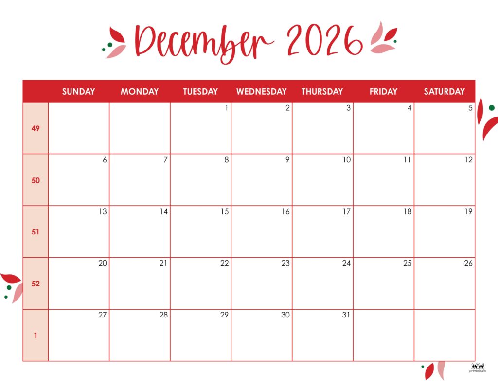 December 2026 Calendars - 123 FREE Printables 177 Printable-December-2026-Calendar-Style-43
