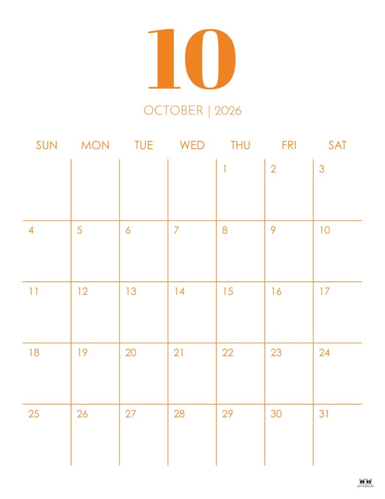 October 2026 Calendars - 123 FREE Printables 133 Printable-October-2026-Calendar-Style-14