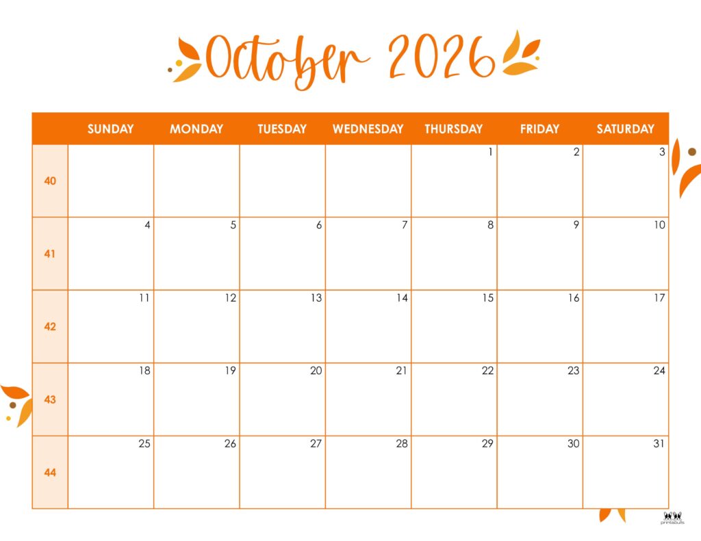 October 2026 Calendars - 123 FREE Printables 176 Printable-October-2026-Calendar-Style-43