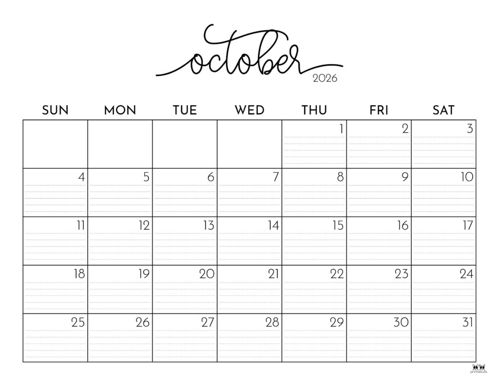 October 2026 Calendars - 123 FREE Printables 160 Printable-October-2026-Calendar-Style-51