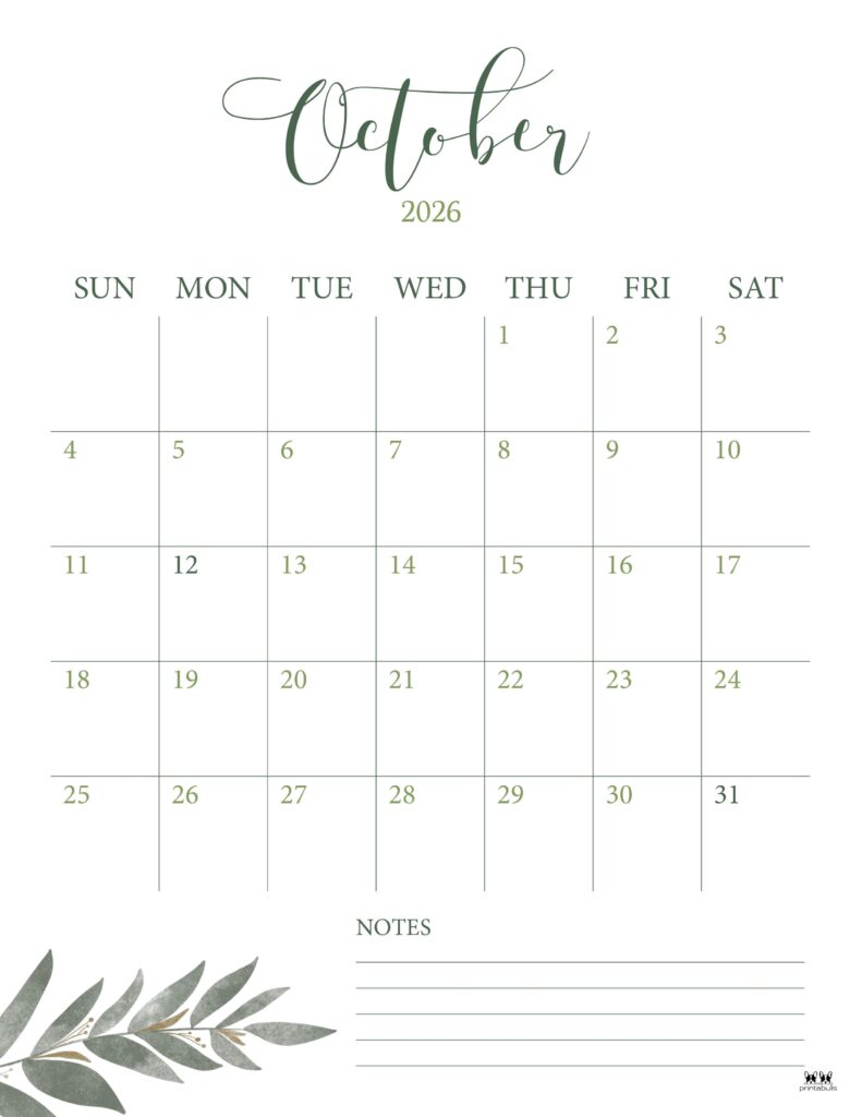 October 2026 Calendars - 123 FREE Printables 168 Printable-October-2026-Calendar-Style-89