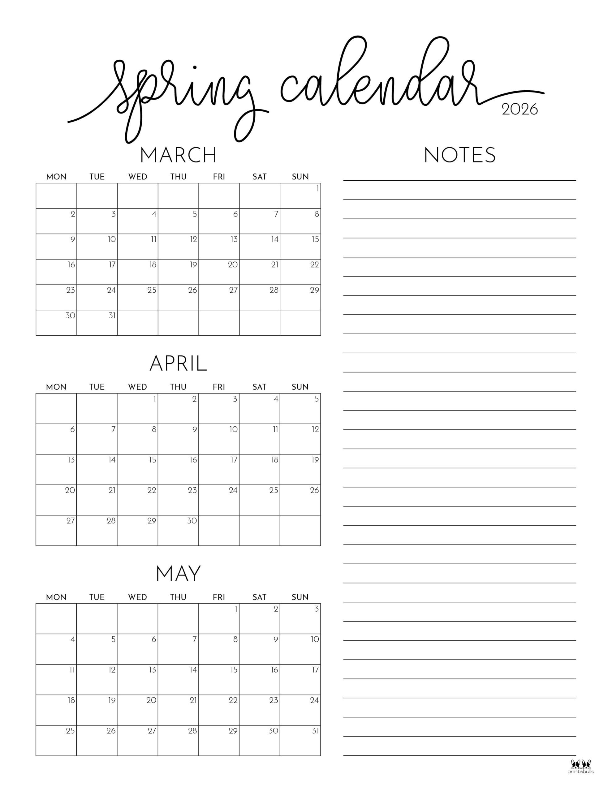 2026 Spring Calendars - 14 FREE Printables | Printabulls
