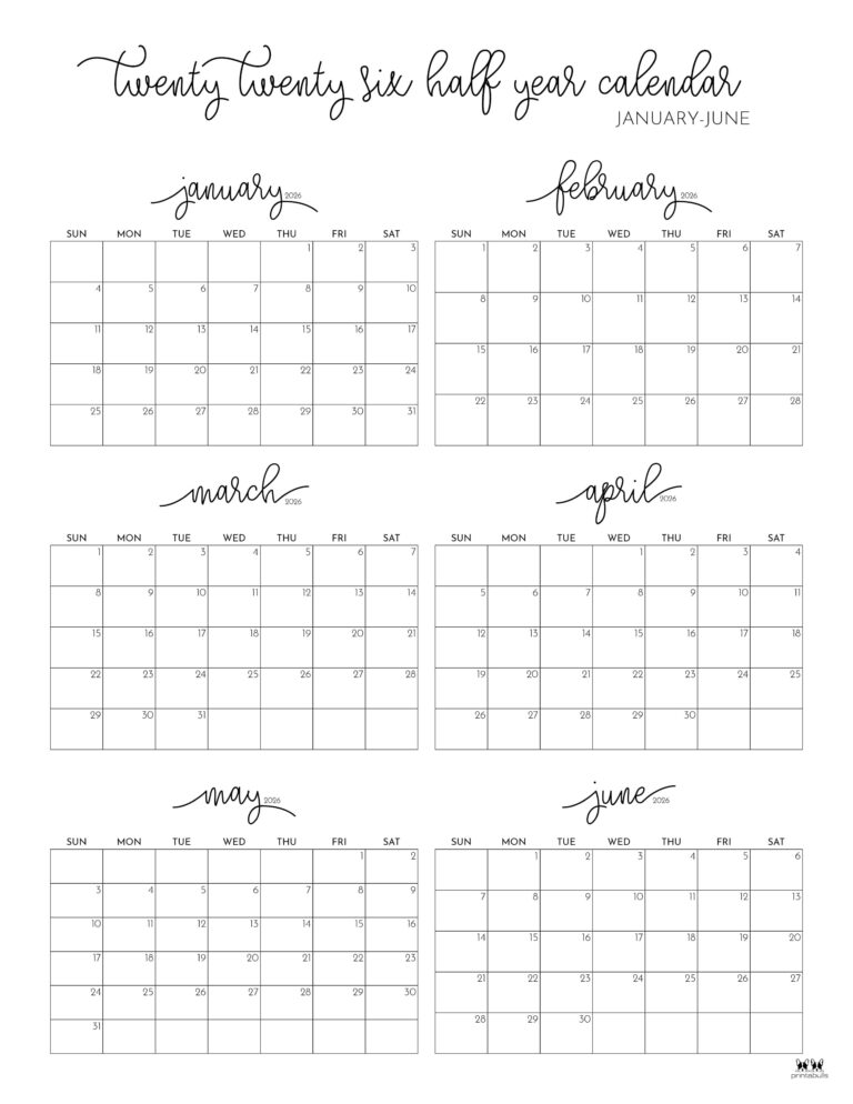 6 Month Calendars 2026 - 40 FREE Calendars | Printabulls