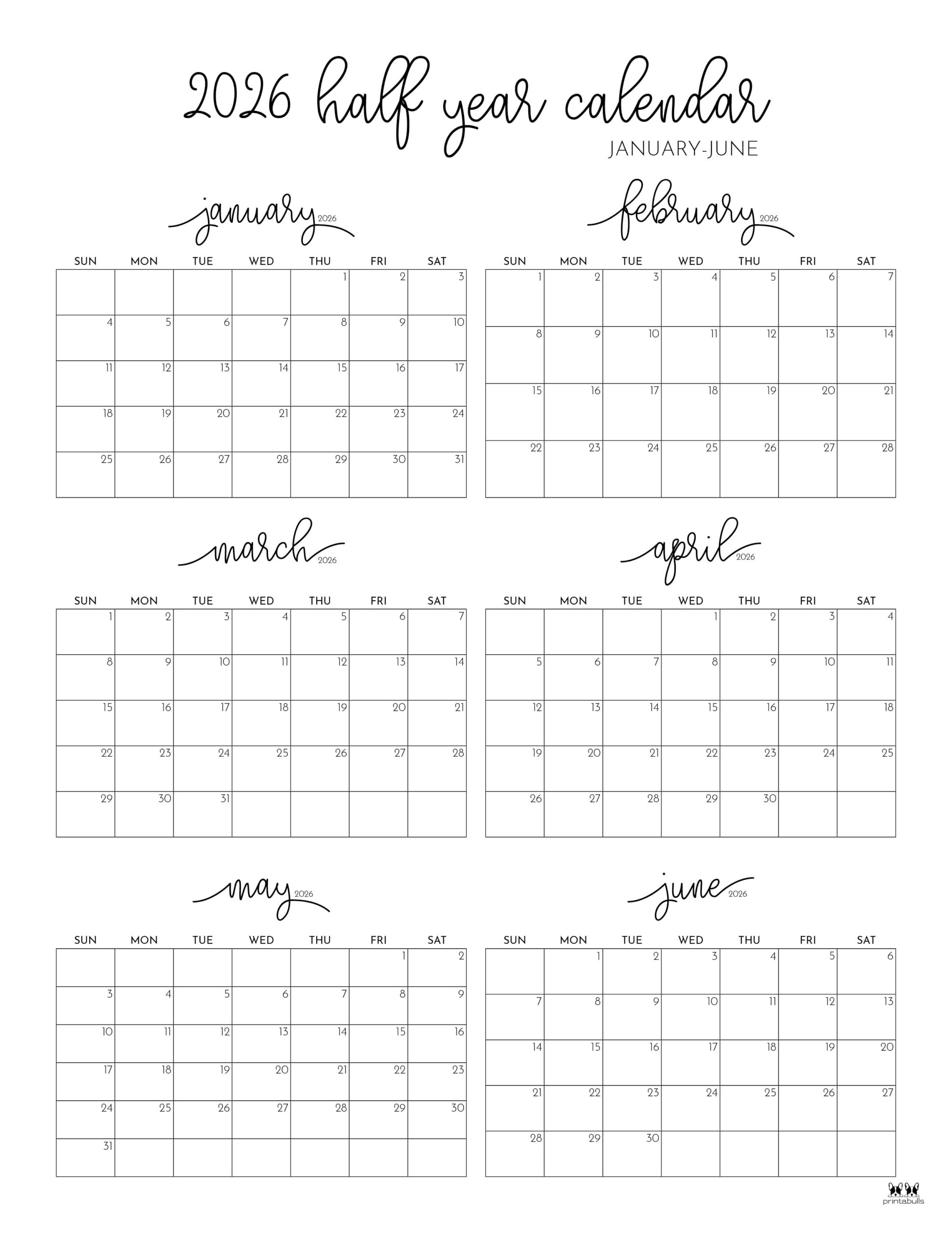 6 Month Calendars 2026 - 40 FREE Calendars | Printabulls