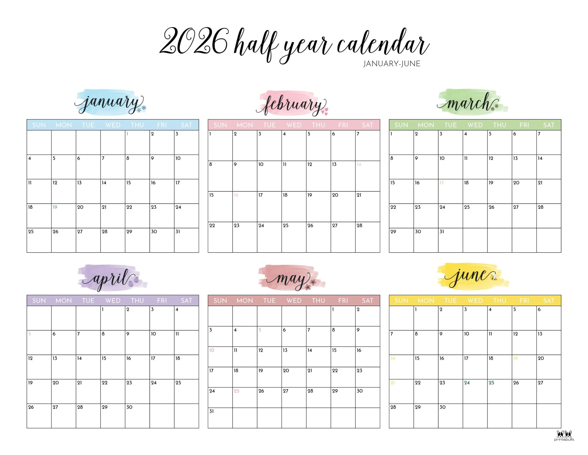 6 Month Calendars 2026 - 40 FREE Calendars | Printabulls
